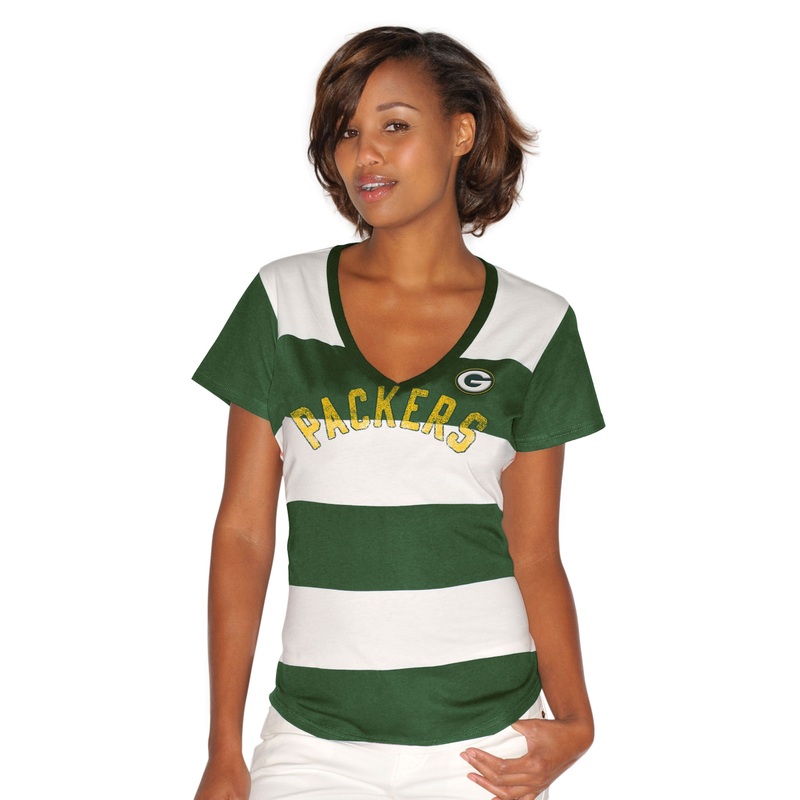 Green Bay Packers Striped Women's Green/White V-Neck