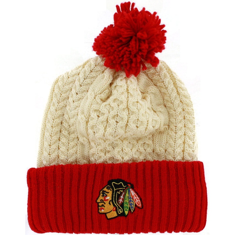 Chicago Blackhawks Logo Cuffed Knit Beanie with Pom