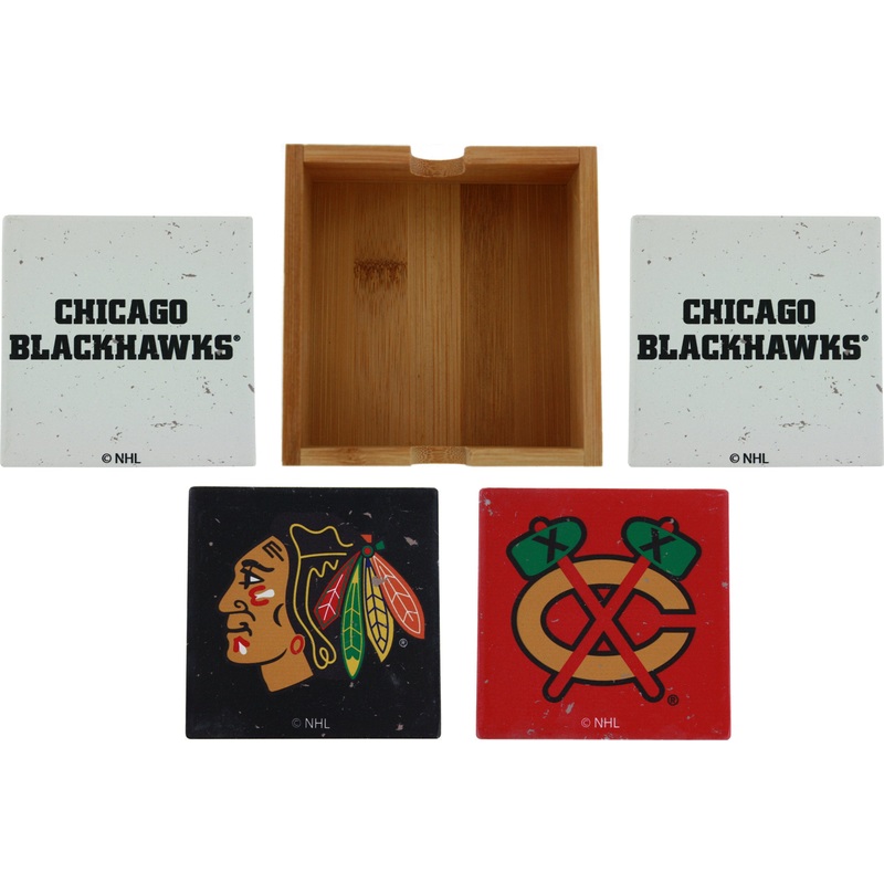 Chicago Blackhawks Vintage Square Coaster Set with Caddy