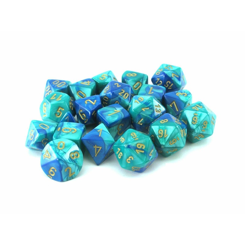 Chessex Bag of 20 Blue-Teal w/gold Gemini Polyheral Dice