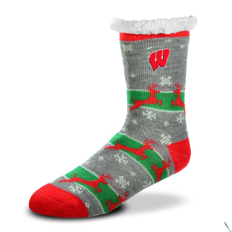 Wisconsin Badgers Reindeer Run Sherpa Women's Christmas Slipper Socks, One Size