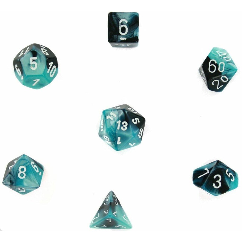 Chessex 26446 Cube Gemini Set Of 7 Dice - Black Shell With White Numbering