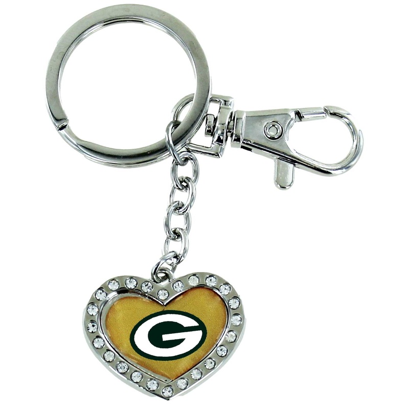 Green Bay Packers Crystal Heart Keychain Key Ring