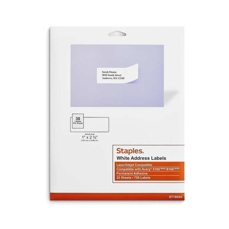 Staples Laser/Inkjet Address Labels, 1" x 2 5/8", White, 30 Labels/Sheet, 25 Sheets/Pack