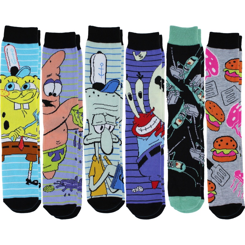 Spongebob Squarepants Characters Men's Casual Crew Socks, 6-Pack, Size 8-12