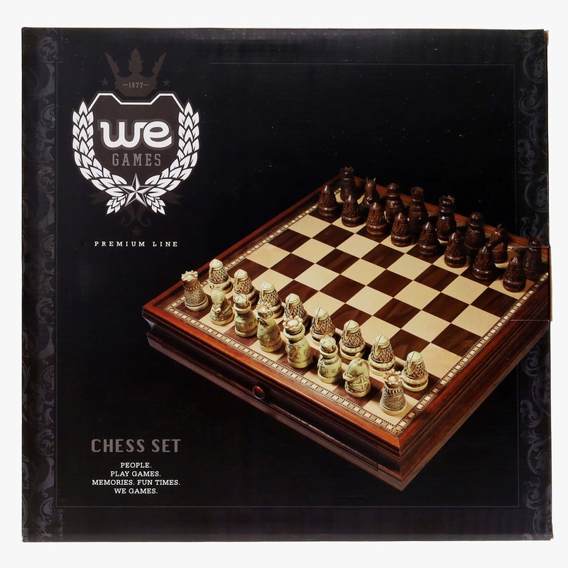 Medieval Chess & Checkers Game Set  Brown & Ivory Chessmen & Wood Board with Storage Drawers 14.75 in.