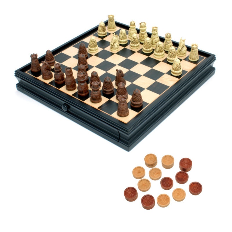 Medieval Chess & Checkers Set  Polystone Pieces, Black Stained Wooden Board with Storage Drawer  15 in.