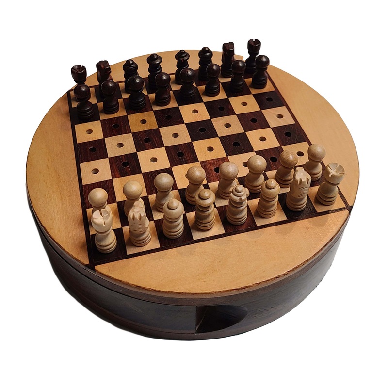 Round Wooden Travel Chess Set with Pegged Chessmen  6 inches