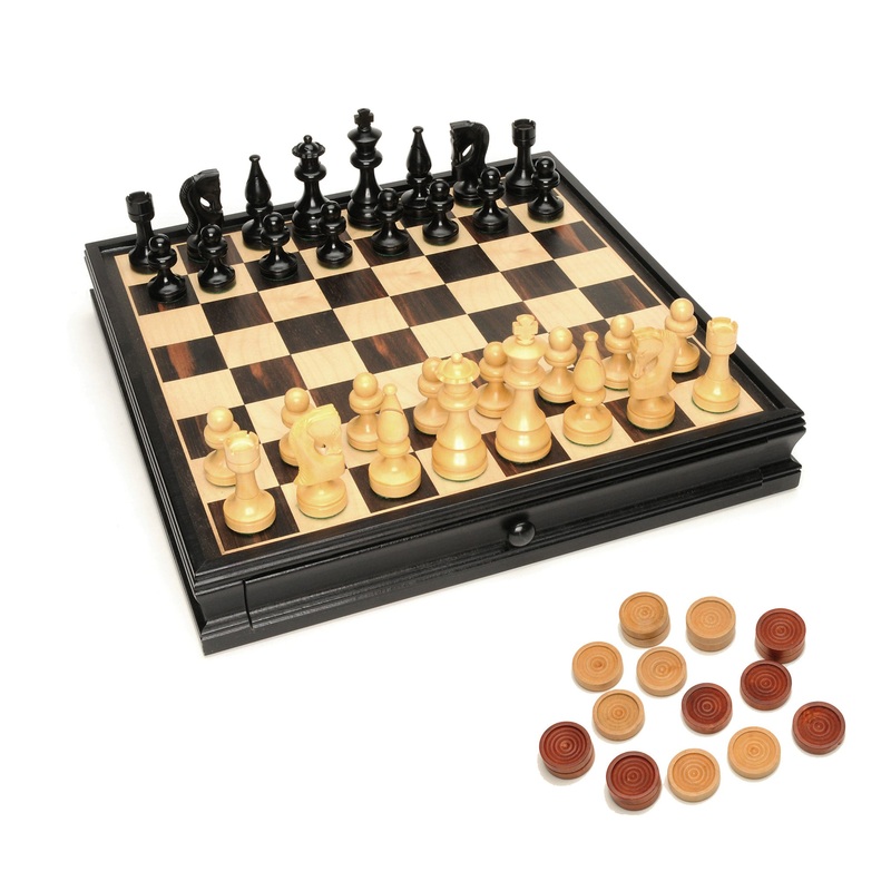 Russian Style Chess & Checkers Game Set  Weighted Chessmen & Black Stained Wood Board with Storage Drawers 15 in.