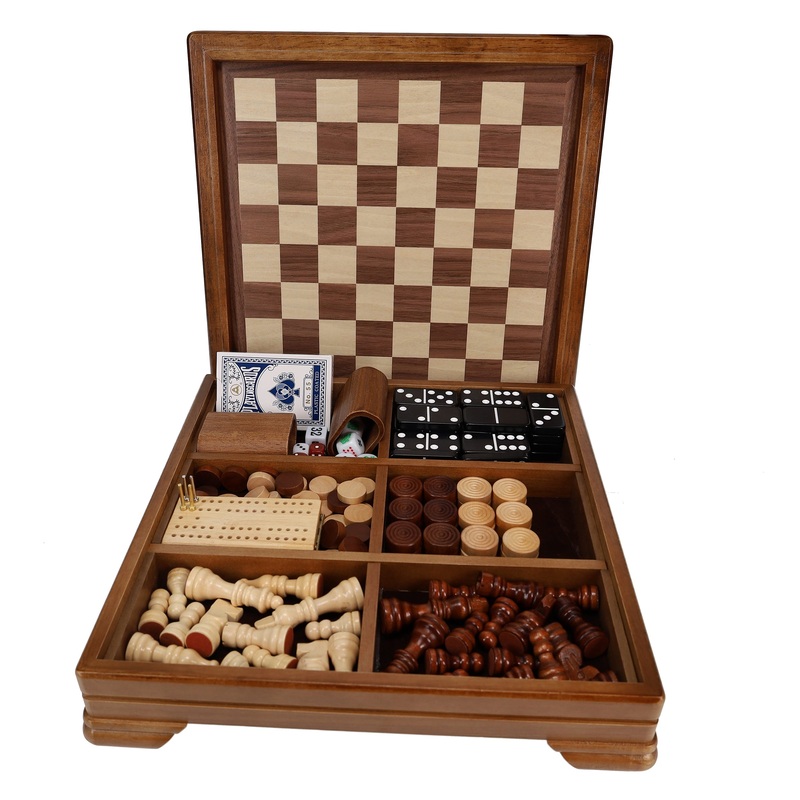 Walnut 7-Games-in-1 Combination Game Set  Includes Chess, Checkers, Backgammon, Dominoes, Cribbage, Poker Dice and Cards