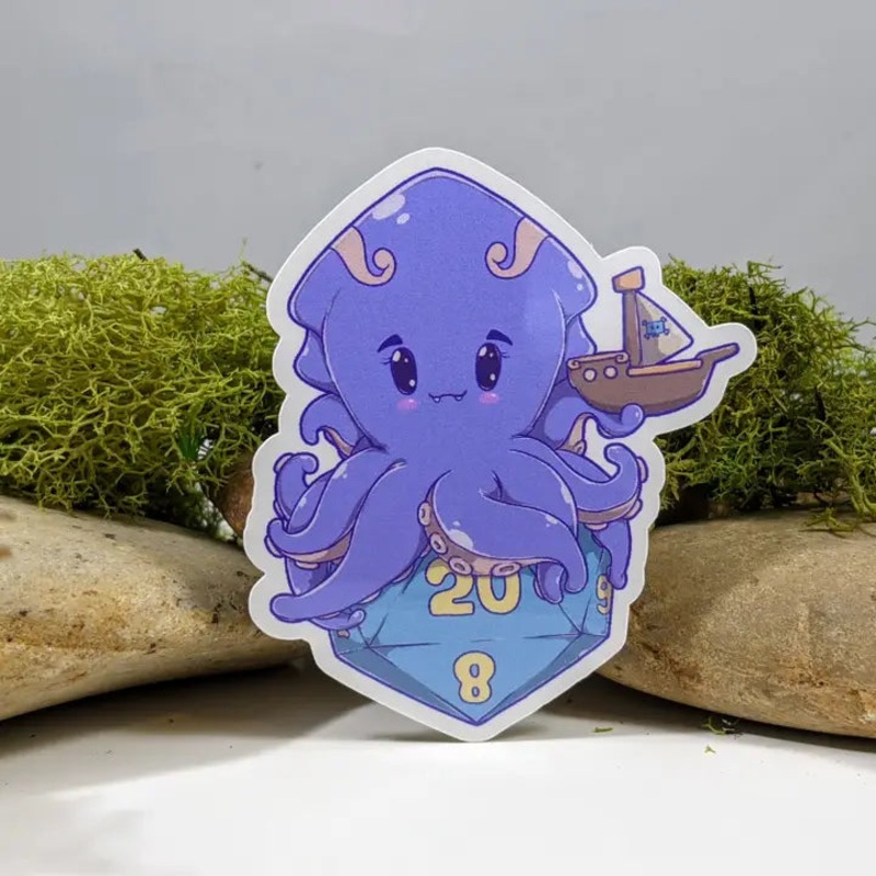 CHIBI KRAKEN ON D20 POLYHEDRAL DICE STICKER