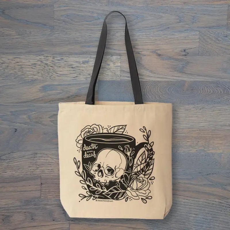 DEATH BEFORE DECAF TOTE BAG