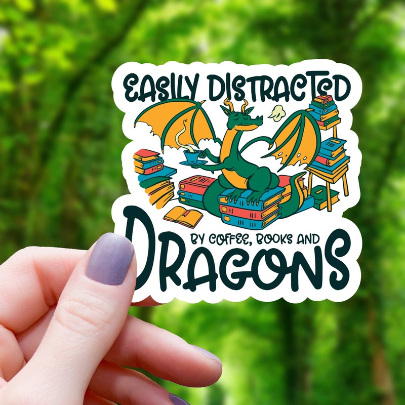 EASILY DISTRACTED BY COFFEE, BOOKS AND DRAGONS STICKER