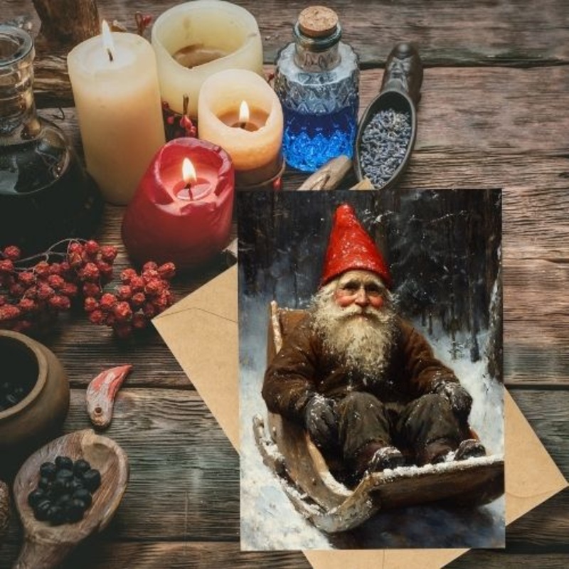 SLEDDING GNOME HOLIDAY CARD