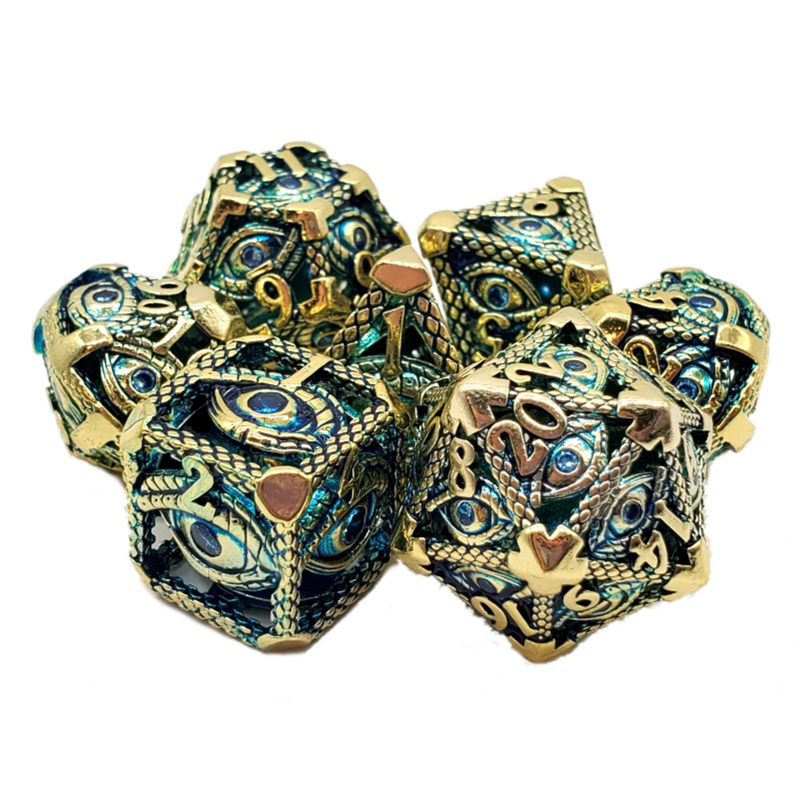 GOLD W/ BLUE ALL SEEING EYE 7PC METAL DICE SET