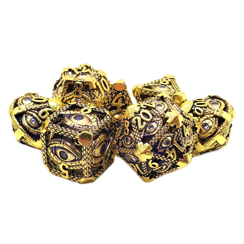 GOLD W/ PURPLE ALL SEEING EYE 7PC METAL DICE SET