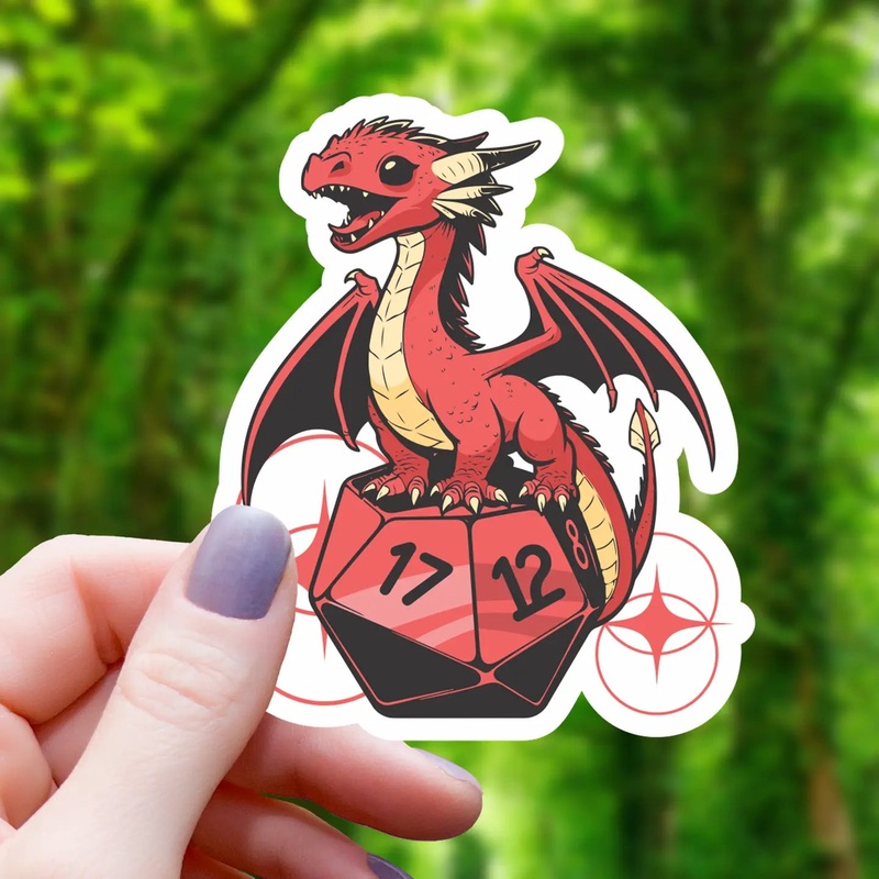 RED DRAGON PERCHED ON D20 STICKER