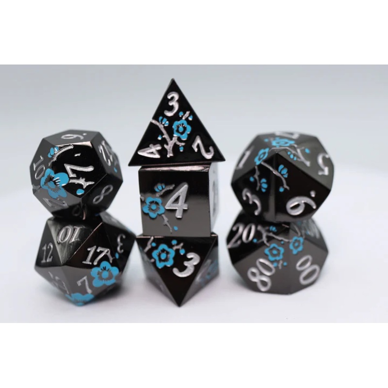 BLACK WITH BLUE ORCHIDS METAL DICE