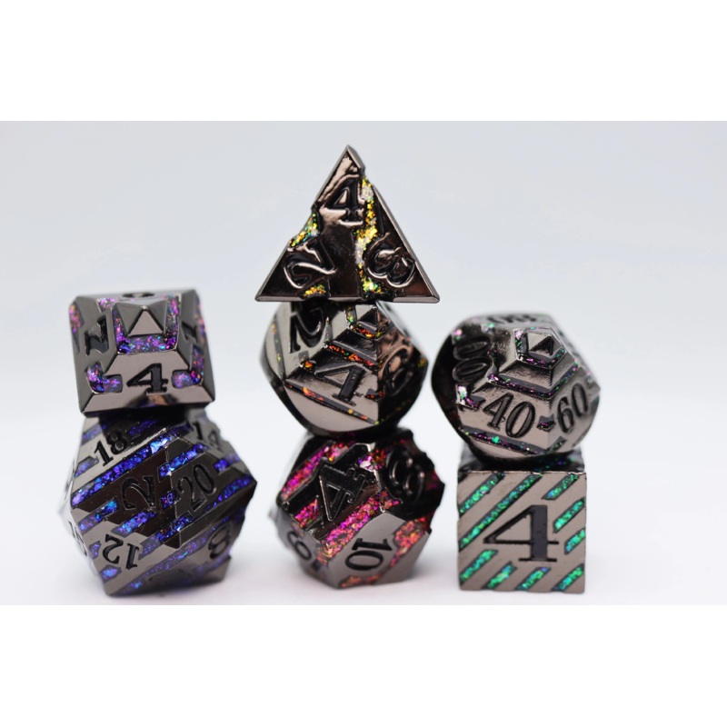 BLACK WITH RAINBOW MICA METAL DICE