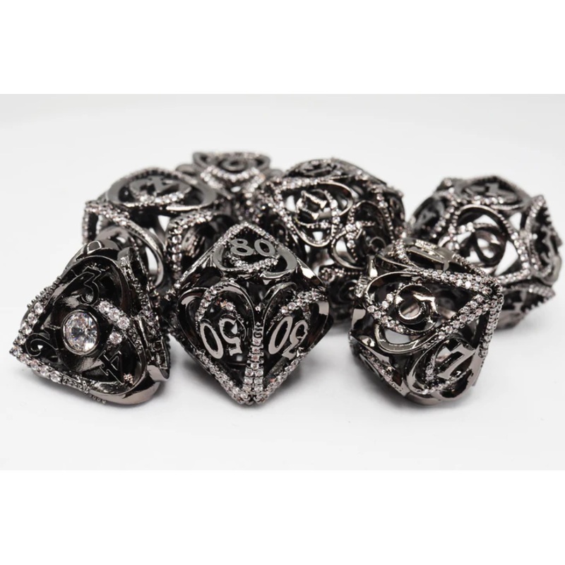 HOLLOW HEARTS JEWELED MIDNIGHT METAL DICE SET